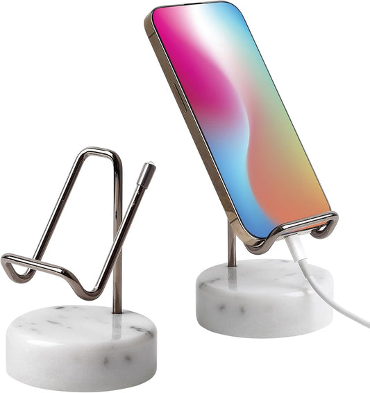 Marble Phone Stand with Metal Holder, Charging Available While Using, Swipe Up to Unlock, Made of Natural Marble as Business Card Holder for Office Desk (Starry White + Black)
