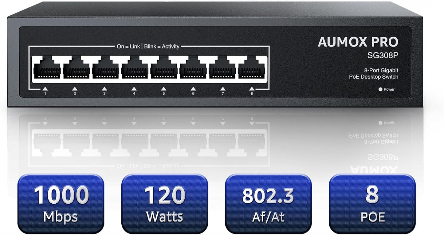 8 Port PoE Switch Gigabit 120W, Gigabit Unmanaged Ethernet Switch, Plug & Play, 802.3af/at Compliant, Metal Housing, 8-Port Network Switch for Home/Office Energy Efficient Silent Operation