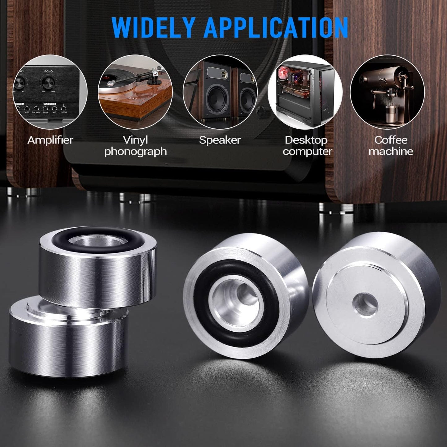 Facmogu 4PCS Silver Aluminum Alloy Speaker Isolation Feet, Turntable Isolation Pad for Reduce Vibration & Resonance, Speaker Spike Pads with Non-Slip Rubber Ring for Amplifier HiFi Devices Recorder CD