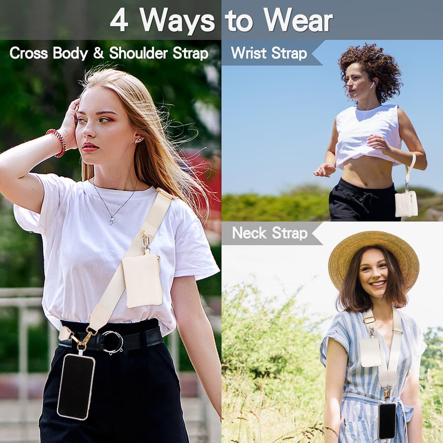 Phone Lanyard Crossbody with 2 Zipper Wallets, 2 Pcs-Save Girls Phone Strap Crossbody & Wrist Lanyard-1 Pad, Clip & Go Cellphone Strap with Pouch for Women, Universal Lanyard for Travel (Beige)