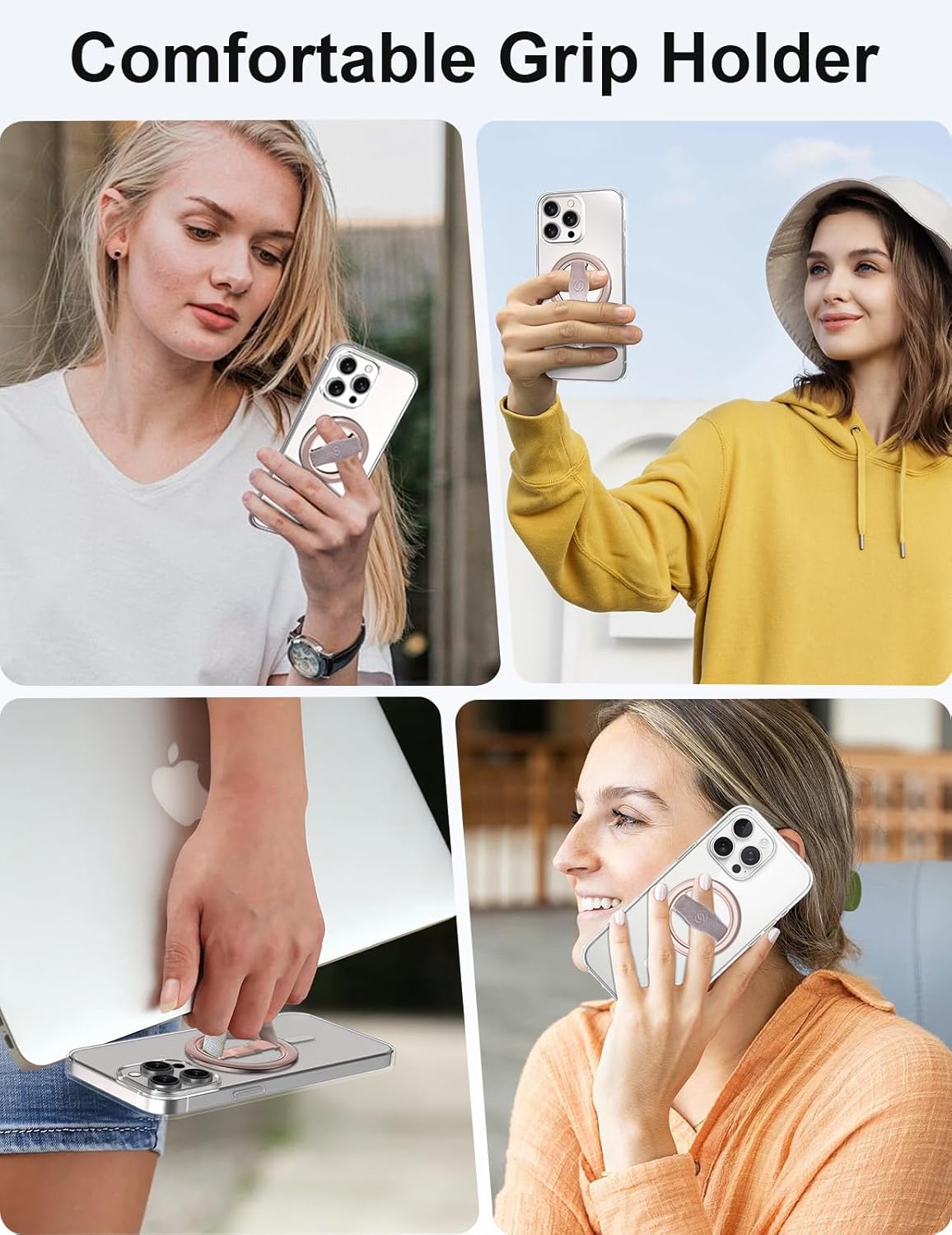 EWA MagOne Lite 3rd Gen Cell Phone Ring Holder, with Replaceable 360° Rotation Elastic Finger Strap, Phone Grip Compatible with iPhone MagSafe,15,14,13 Pro/Max/Plus-(Pink)