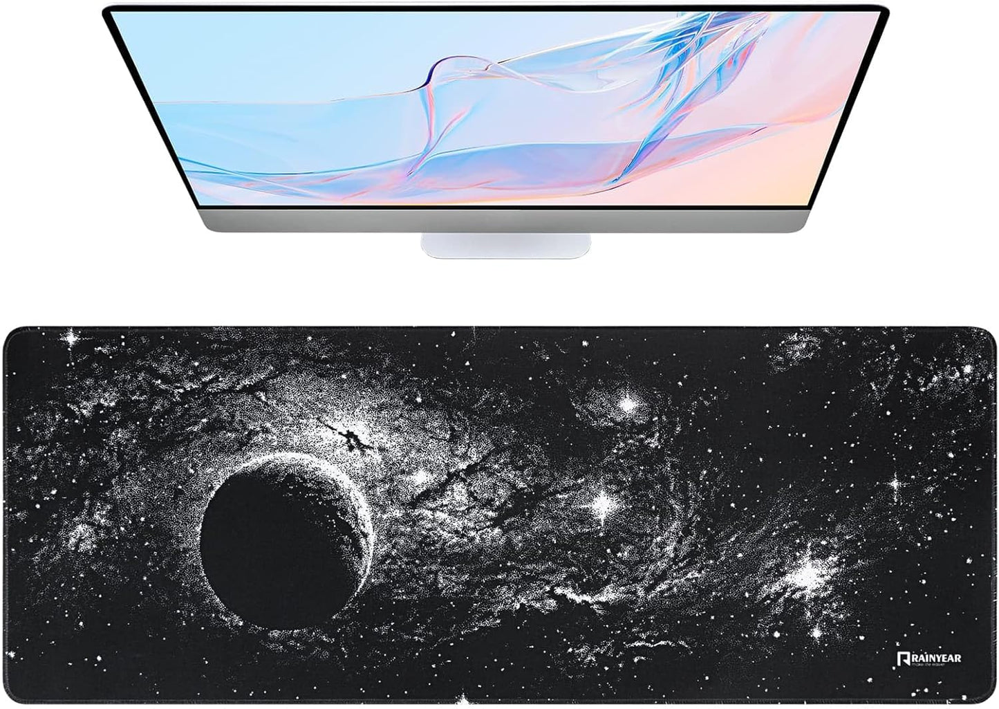 RAINYEAR Large Gaming Mouse Pad(31.5 x 11.8 Inch), Computer Mousepad with Anti-Slip Rubber Base, Smooth Large Keyboard Mouse Pad Mat for Gamer, Office, Home, Black Universe