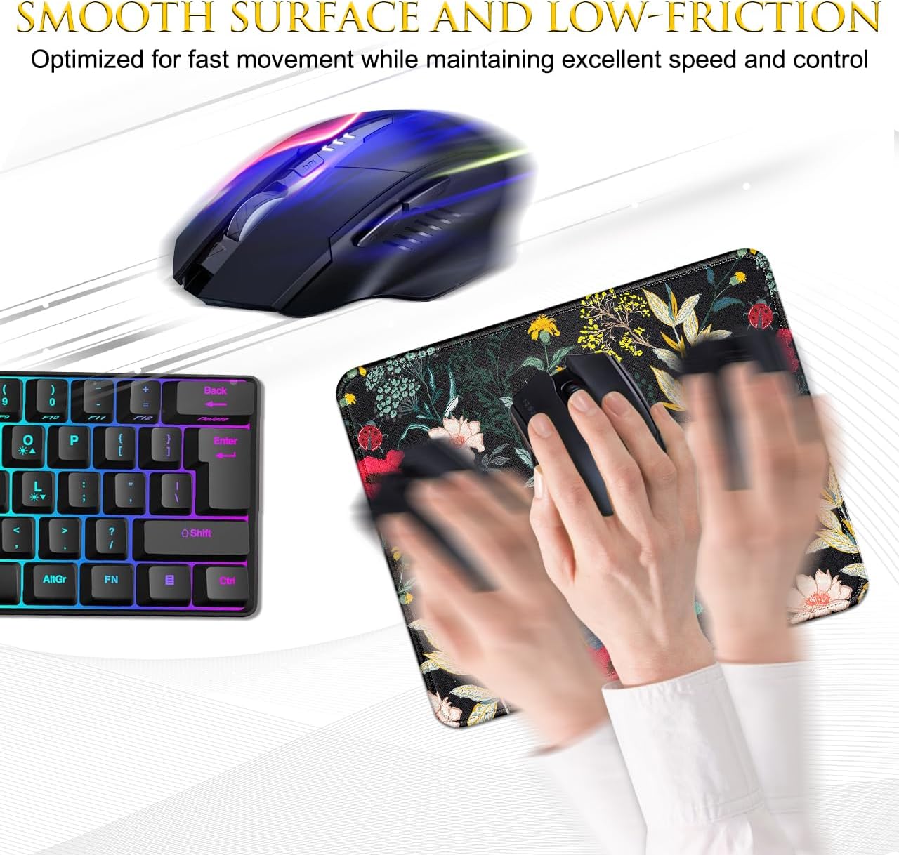 JIKIOU 3 Pack Mouse Pad with Stitched Edge, Comfortable Mouse Pads with Non-Slip Rubber Base, Washable Mousepads Bulk with Lycra Cloth, Mouse Pads for Computers Laptop Mouse 10.2x8.3in Black Flowers