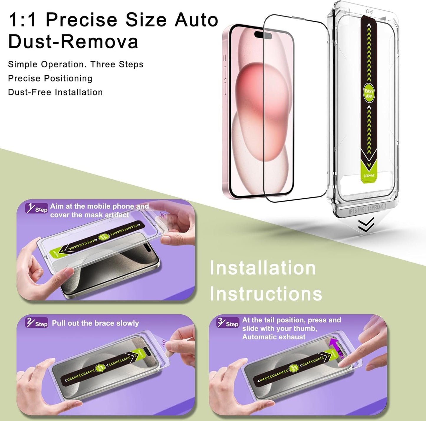 [2-Pack Ultra HD Clear Screen Protector for iPhone 14 Pro/15/16 (6.1-Inch),9H Tempered Glass,Full Coverage,Anti-Fingerprint,Auto Dust Removal,Bubble-Free,Easy Installation