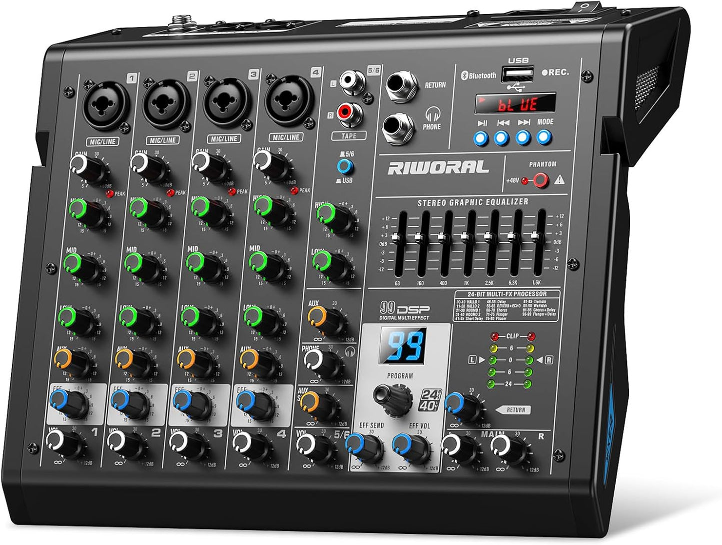 6 Channel Audio Interface Dj Mixer Soundboard Console 99 Dsp Reverb Delay Effect USB Bluetooth Studio Audio Mixer +48V Phantom Bluetooth for Karaoke Streaming Recording, Live Broadcast