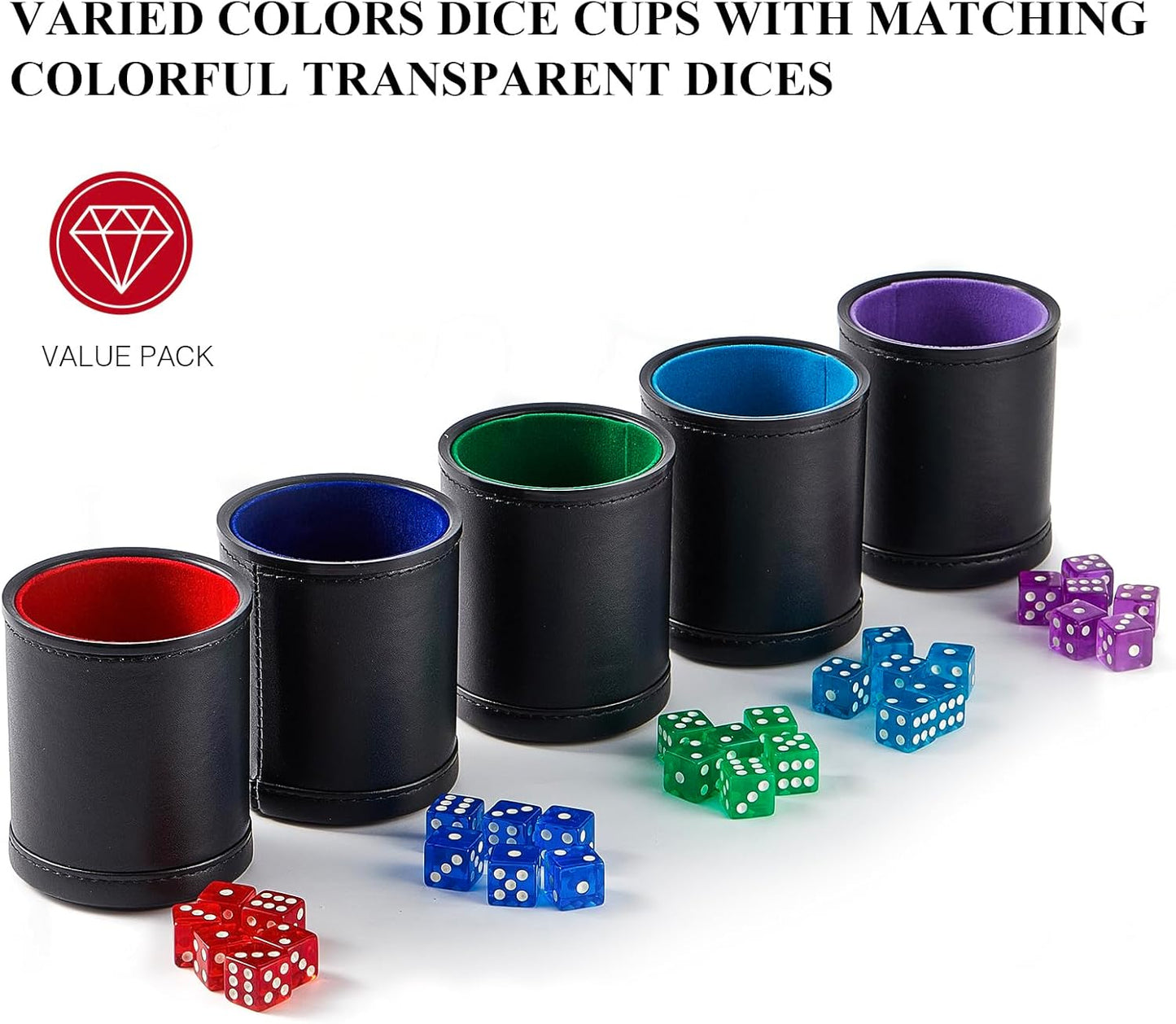 5 Pack Black Leather Dice Cups with Colorful Velvet Felt-Lined Interior and 30 Matching Colorful Transparent Dices
