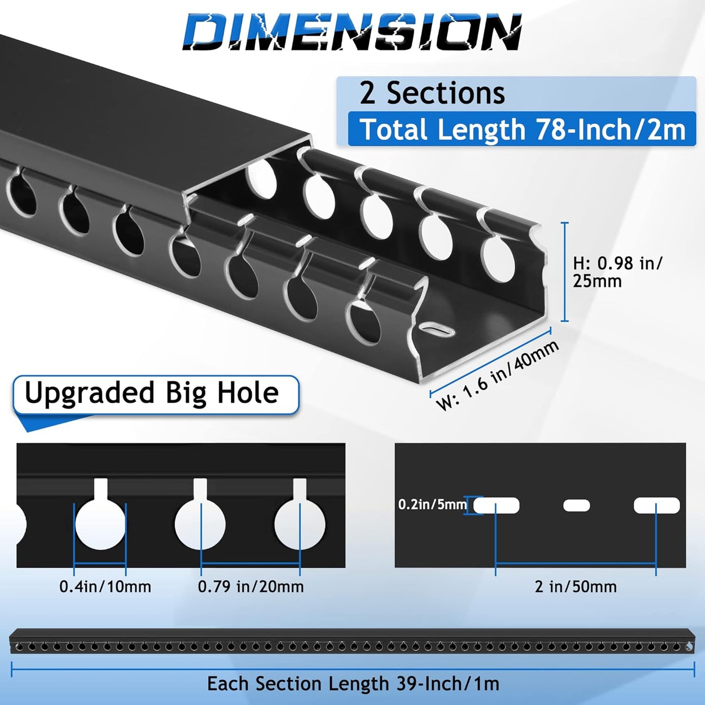 ZhiYo Cable Raceway 78in(2xL39in), Server Rack Cable Management Under Desk Cord Organizer, Electrical Safe PVC Cable Channel Open Slot Wire Raceway for Network/PC/TVs, Wire Duct H1 x W1.6in Black