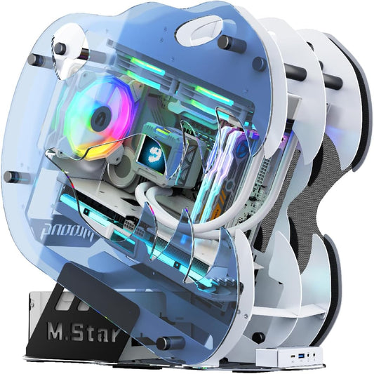 MegaPC Upgraded Open-Frame Mid-Tower Micro-ATX/Mini-ITX Gaming PC Case, Tempered Glass Side Panel, Pre-Installed ARGB PWM Fan, with USB3.0, USB-C, 240mm Radiator Support (Upgrade White)
