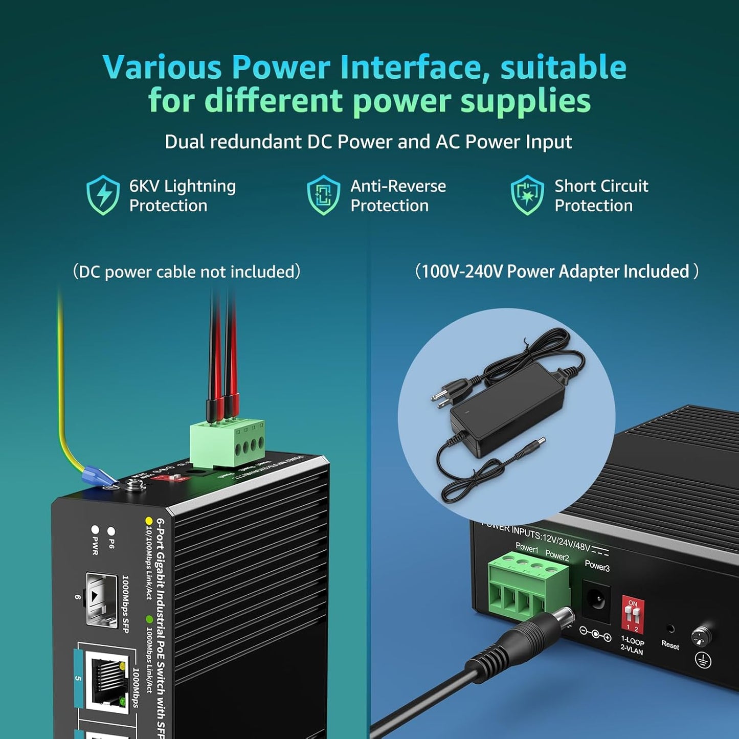 YuanLey 6 Port Industrial Switch with 4 Port PoE Gigabit, 1 1000Mbps Uplink, 1 SFP Port, Unmanaged Din-Rail PoE Switch with 66.25W Power Adapter, Support IEEE802.3af/at, VLAN & Loop