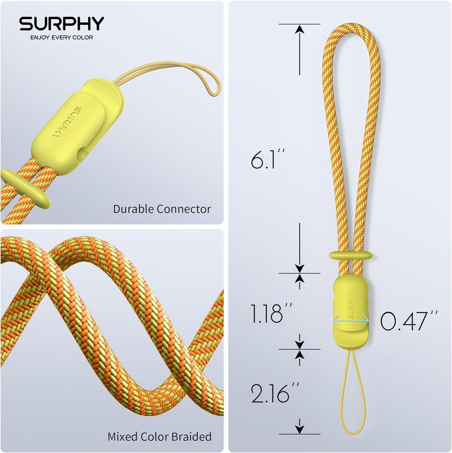 SURPHY 2 Pack Phone Lanyard for Cellphone Case, Phone Wrist Strap for Case, Cellphone Strap with 2-Color Braided, Charm Wrist Lanyard for Women and Men, Yellow & Gray