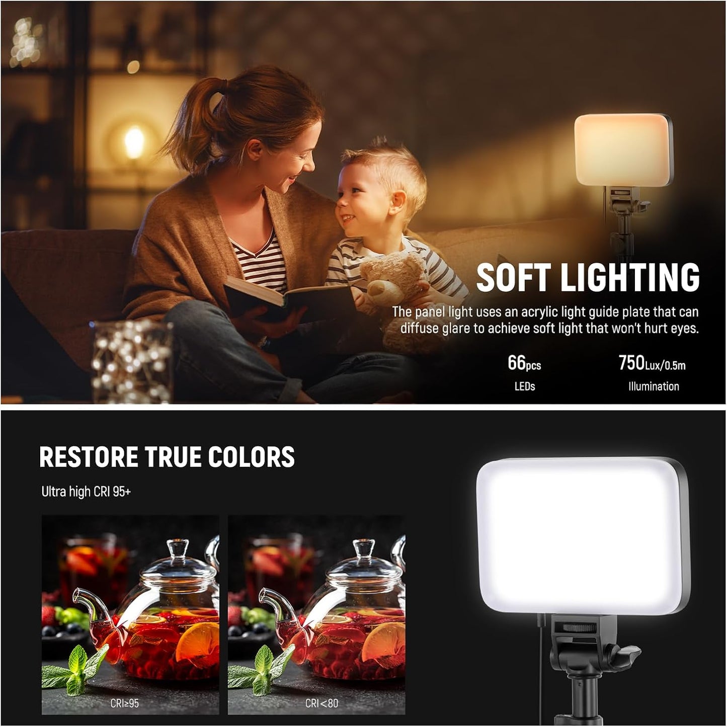 NEEWER Basics LED Video Light Panel Lighting Kit, Bi Color Dimmable Portable Studio Lights with Tripod Stand & Filters, 3200K~5600K CRI 95 750lux for Photography Video Recording Live Streaming, BP66