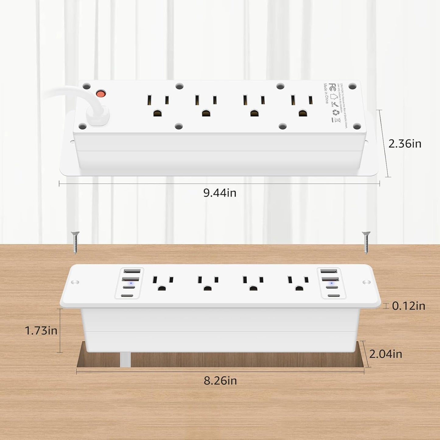 HHSOET 16 in 1 Recessed Power Strip Flat Plug, 30W Fast Charging Furniture Outlet with USB, Conference Recessed Surge Protection with 8 AC Plugs, 4 USB Ports 4 USB-C, 10ft Power Cord.(White)