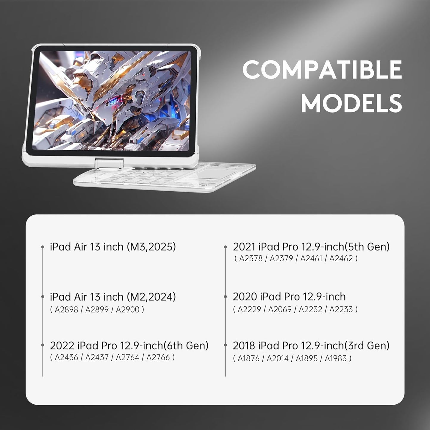GUSGU Transparent Case with Wireless Keyboard for iPad Air 13-in.(M3/M2, 2025/2024), 7 Colors Backlight, Trackpad, 360°Rotating Stand for iPad Pro 12.9-in (6/5/4/3 Gen), Tech Style