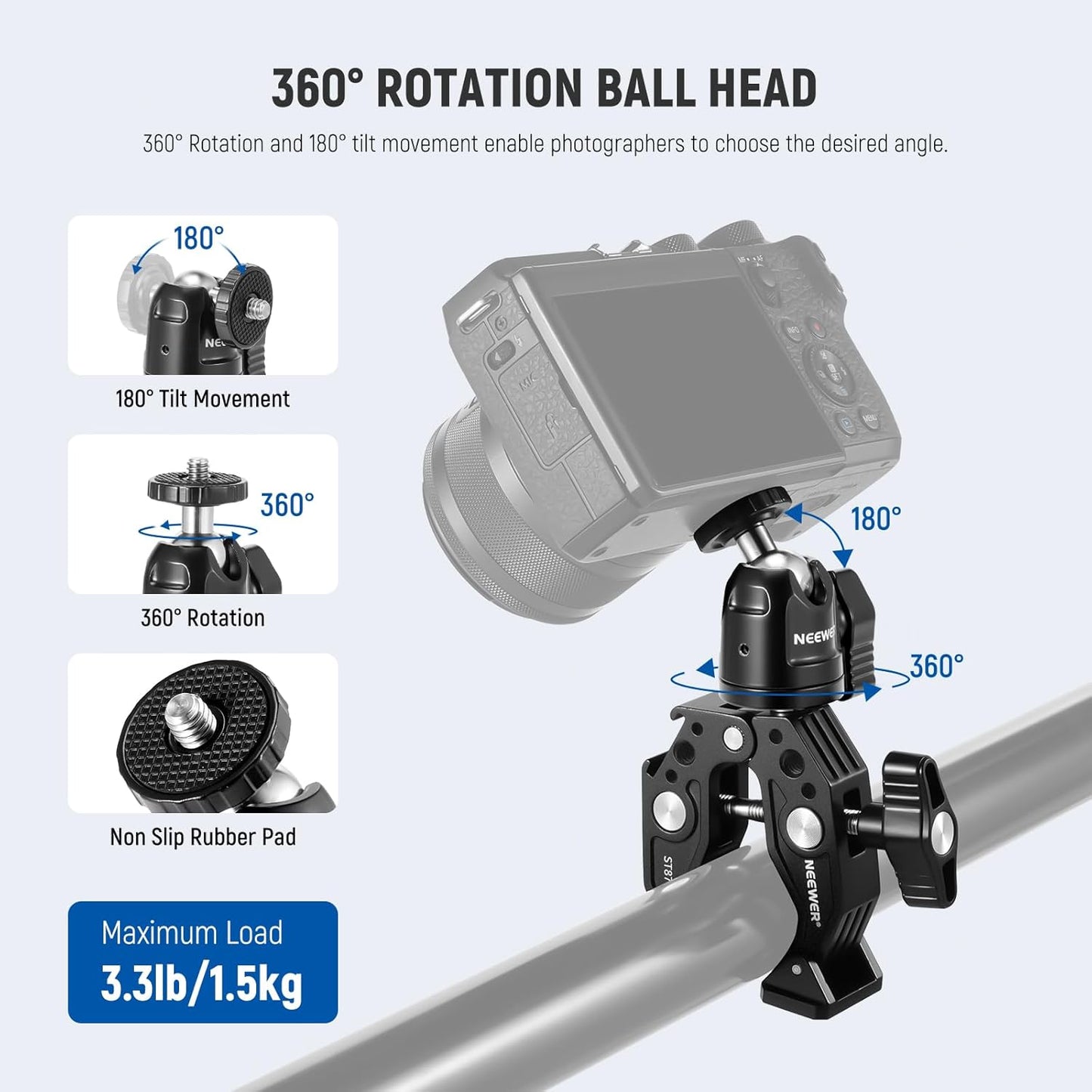 Neewer Super Clamp with Ballhead, Cold Shoe, Phone Holder and Action Camera Mount Adapter for Flat/Round Surface Compatible with GoPro DJI iPhone 15 Pro Max, ST87