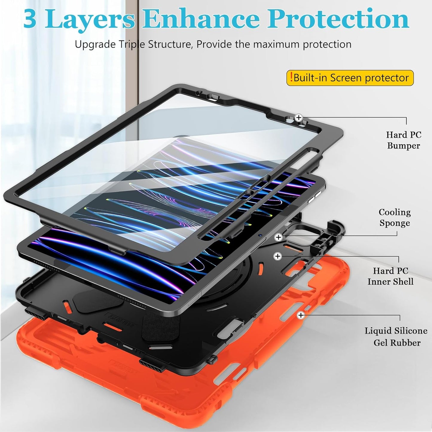 Case for iPad Pro 11 Inch 2022/2021/ 2020/2018: Silicone Cover for iPad 11 Inch 4th/ 3rd/ 2nd/ 1st/ Generation with Screen Protector- Stand- Handle- Shoulder Strap- Pencil Holder-Orange