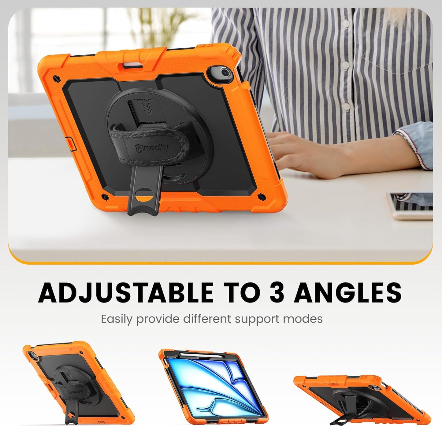 timecity for iPad Air 13 Inch Case M3 2025/ M2 2024, 360° Rotating Stand, Pencil Holder & Wireless Charging, Shockproof with Screen Protector & Shoulder Strap - for Designers & Professionals, Orange
