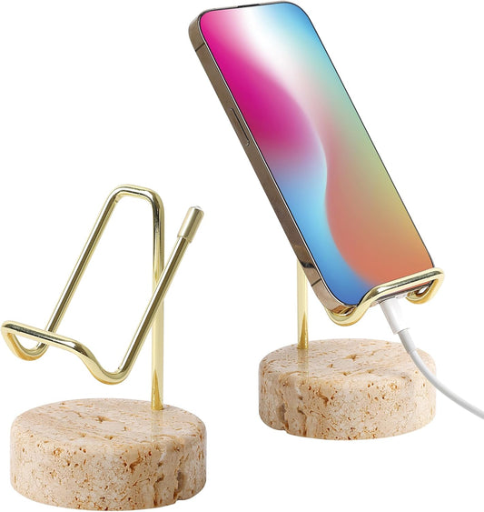 Marble Phone Stand with Metal Holder, Charging Available While Using, Swipe Up to Unlock, Made of Natural Marble as Business Card Holder for Office Desk (Travertine Beige + Gold)