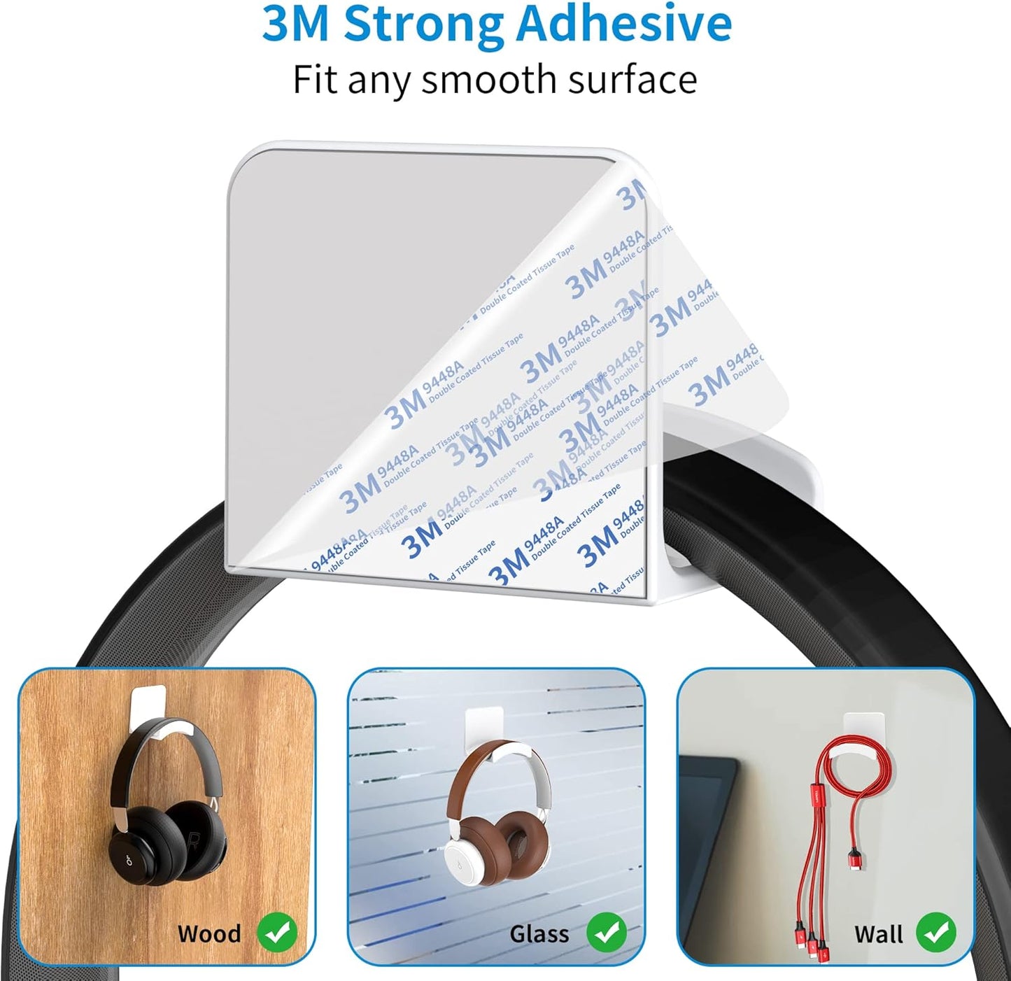 SOKUSIN Headphone Stand Headset Holder - Adhesive Gaming Earphones Hanger, Universal Desk Wall Mount Hook for All Headphone/Controller, Compatible with Beats, AirPods Max,Sony, JBL (White-2PCS)