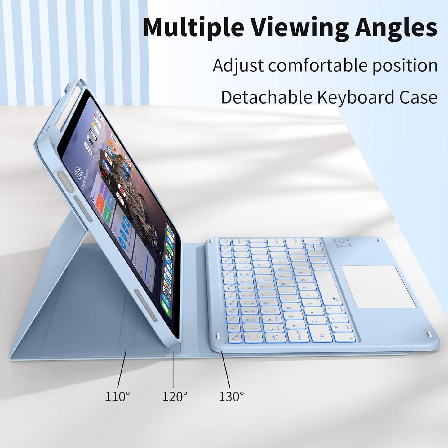 JKSML for iPad(A16) 11th/10th Generation Case with Keyboard (11/10.9 inch) 2025/2022, 7 Color Backlight Detachable Bluetooth Cover with Trackpad, Flip Stand Case Thin with Pencil Holder, White ice