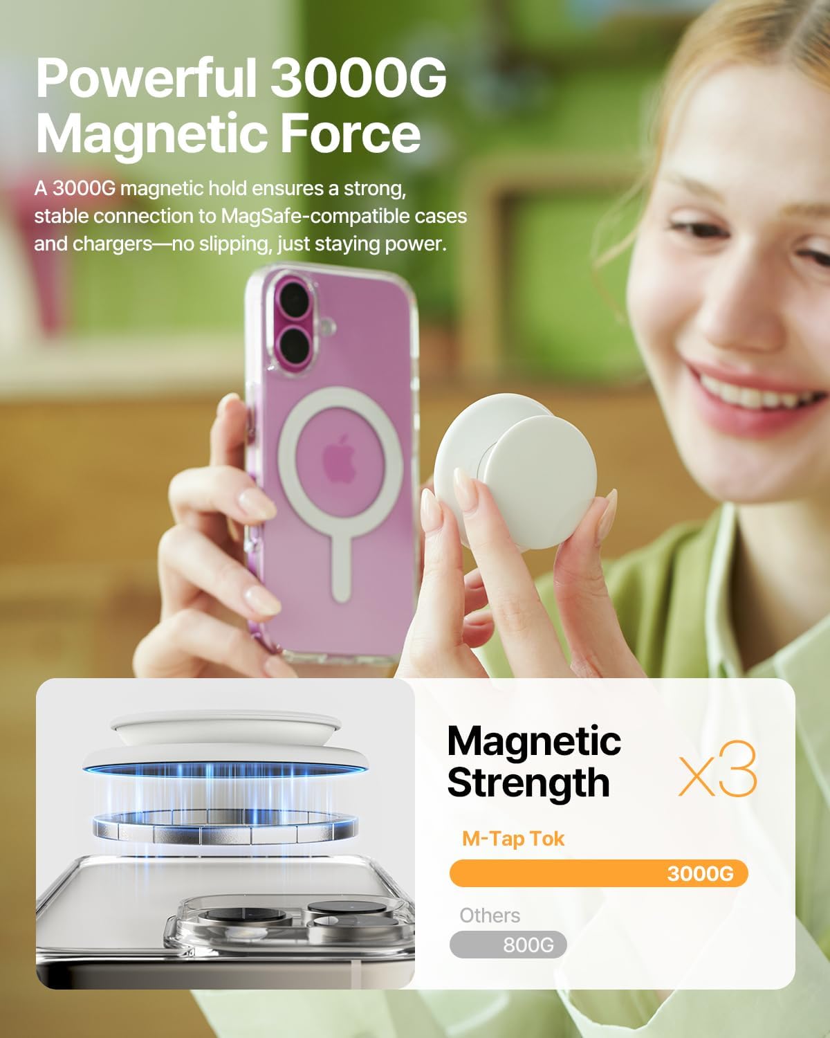 Sinjimoru for MagSafe Phone Grip, Soft Silicone Magnetic Finger Grip for iPhone 16/15/14/13/12, Comfortable One-Touch Holding, M-Tap Tok Blue