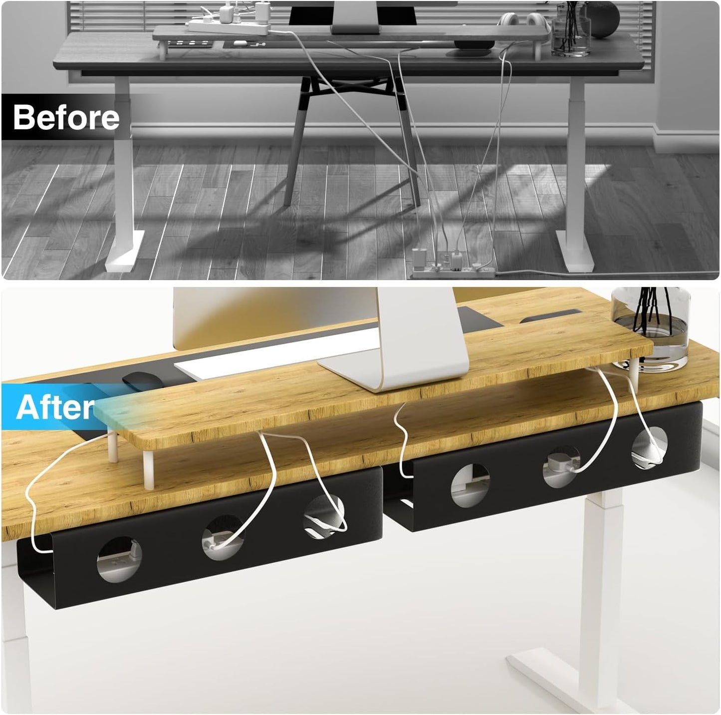 Self-Adhesive Under Desk Cable Management Tray 2 Pcs Steel Under Desk Wires Organizer Power Strip Management No Drill Under Table Organizer for Cable Storage Holder for Office Home Desk/Table