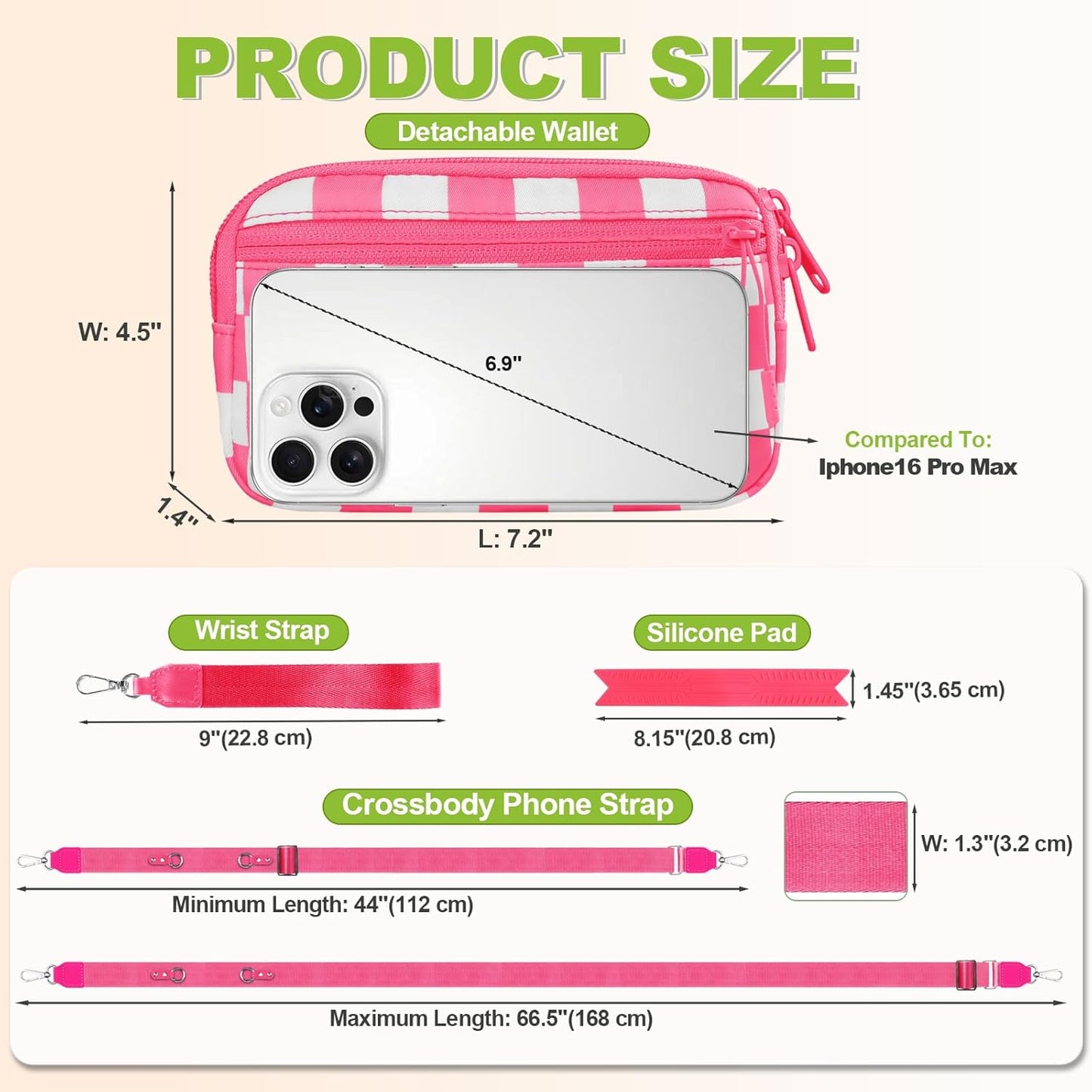 Clip and Go Strap for Phone with Wallet Crossbody, Adjustable Phone Lanyard with Detachable RFID Wristlet Wallet, Phone Strap with Phone Tabs for All Phones, Pink Checkered (L)