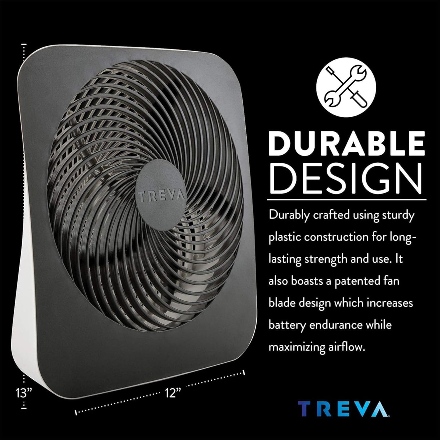 Treva 10-Inch Portable Fan, Powered by Battery and/or AC Adapter - Desk Fan Air Circulating with 2 Cooling Speeds for Personal and Travel Use (Black) (OOS)