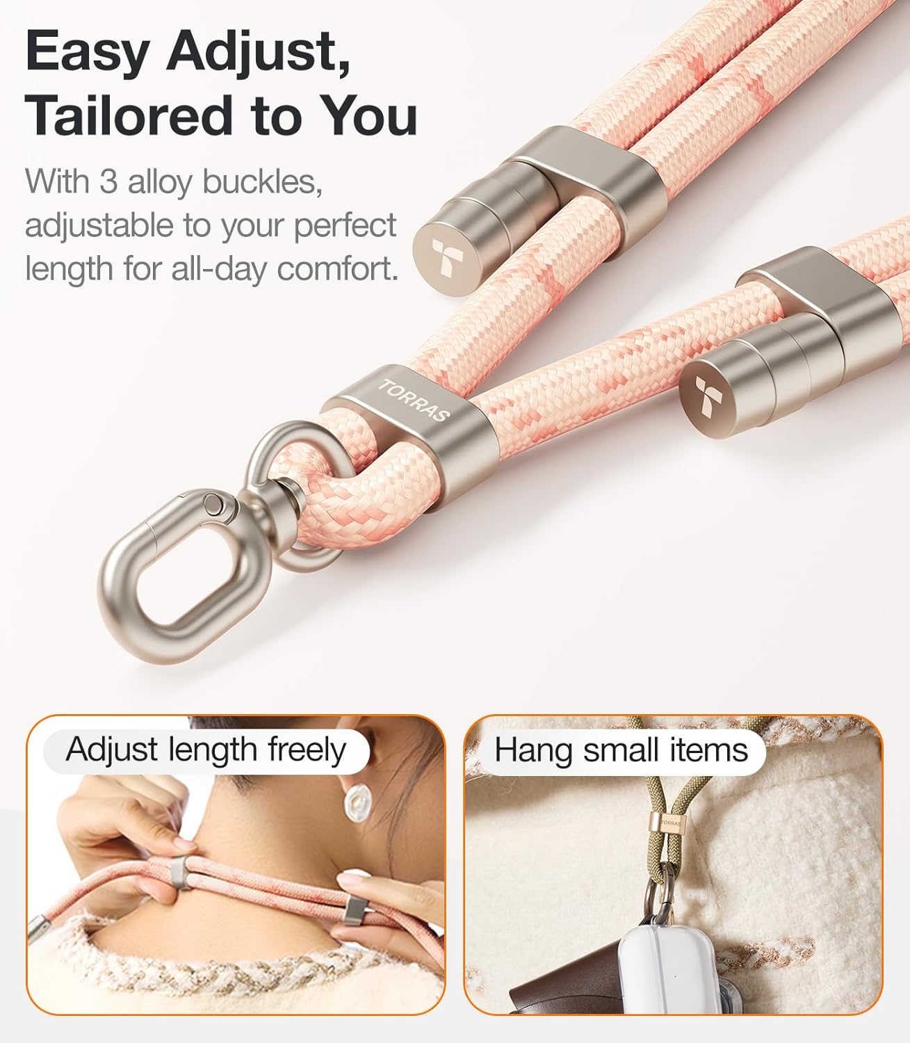 TORRAS Phone Lanyard Crossbody with 2 Phone Tabs, Adjustable Anti Theft Phone Strap for All Phones, Premium Metal Buckles, Skin-Friendly, Universal Cell Phone Neck lanyard for Women and Men, Pink