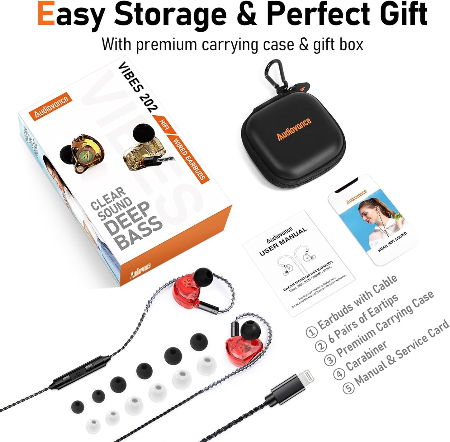 Vibes 202ML Wired Earbuds - HiFi in Ear Headphones - Noise-Isolating Ear Buds w/ Mic - Clear Sound, Deep Bass, Comfort-Fit Earphones - MMCX–Lightning for iPhone 5–14, Silver Plated Cord, Carrying Case