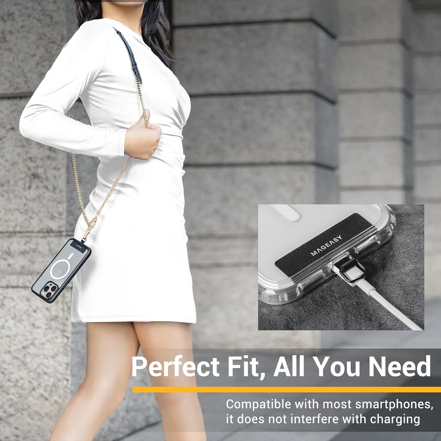 MAGEASY Crossbody Phone Chain Strap - Universal Metal Crossbody Phone Lanyard With Adjustable Length, Chic Cell Phone Necklace Phone Strap for iPhone & Android Phones - Modern Gold Metal