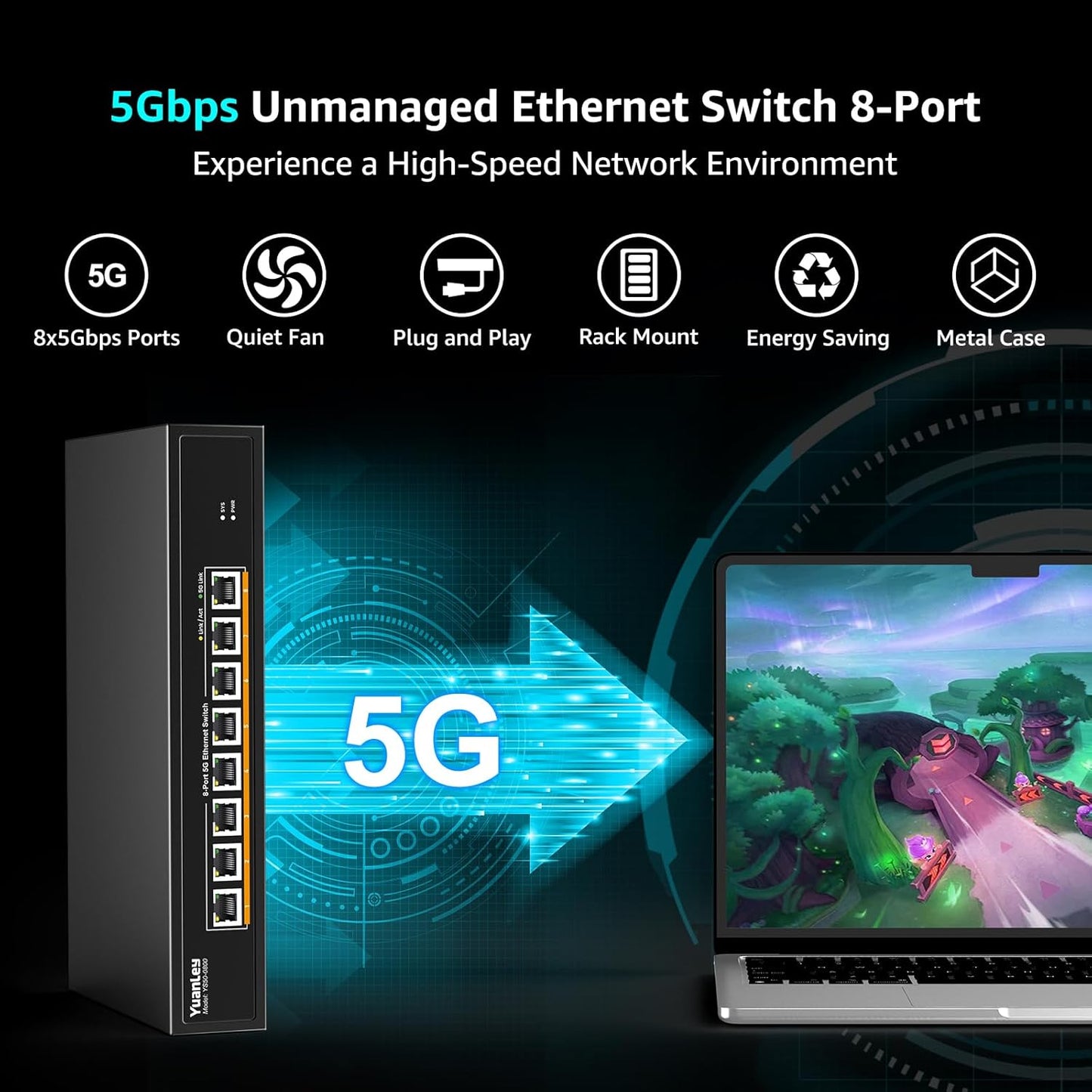 YuanLey 8-Port 5G Ethernet Switch, 8 x 5Gbps RJ45 Ports, Support 5G/2.5G/1G/100Mbps Speed Auto-Negotiation, 80Gbps Switching Capacity, Unmanaged Switch Rackmountable, Plug and Play
