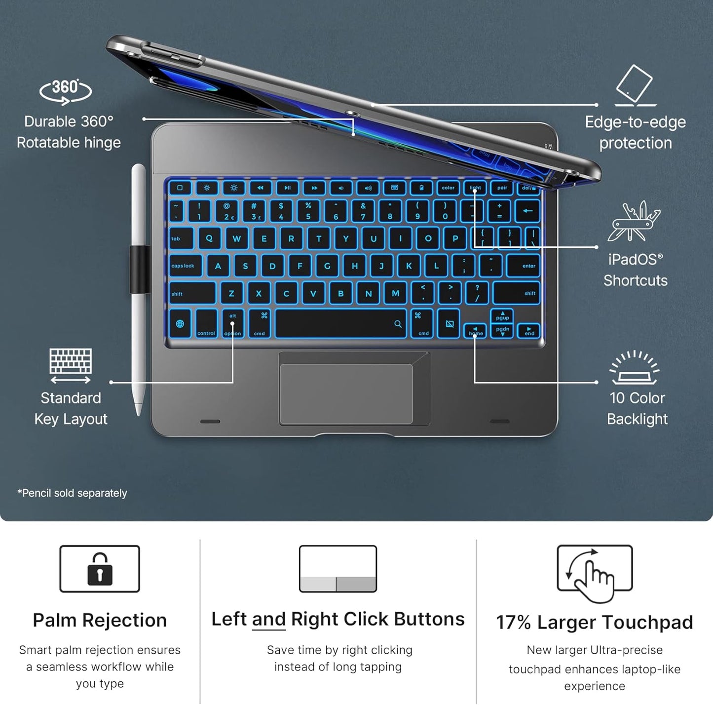 typecase Touch iPad 9th Generation Case with Keyboard (10.2", 2021), Multi-Touch Trackpad, 10 Color Backlight, 360° Rotatable, Thin & Light for iPad 8th Gen, 7th Gen, Air 3, Pro 10.5 (Space Gray)