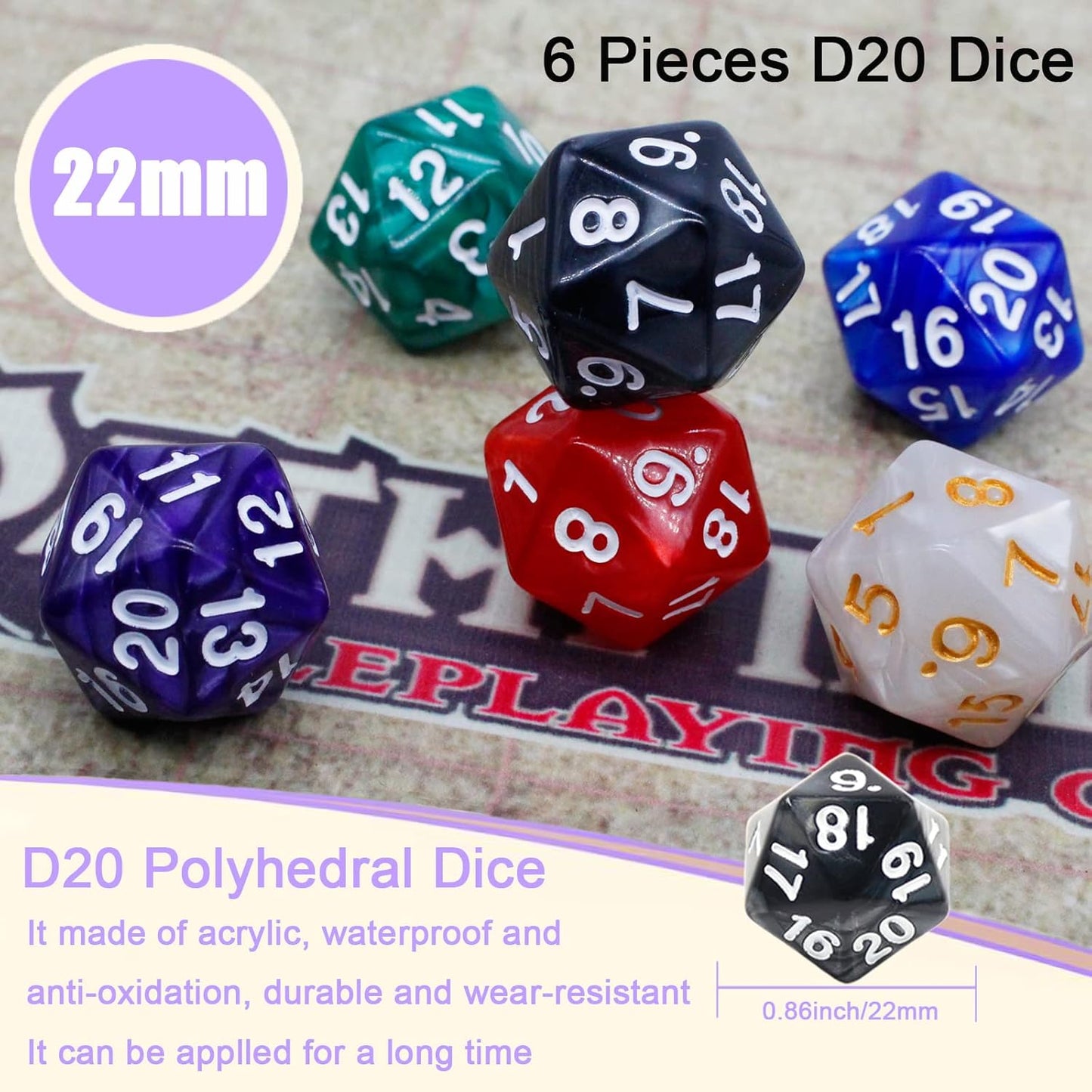 Handan 6 Pieces D20 Polyhedral Dice,20 Sided DND Dice,22mm Large Pearl Mixed Color Dices Assortment D20 Dice,20 Sided Cube D&D Dice Set for Dungeons and Dragons, RPG, MTG Table Games(6 Colours)