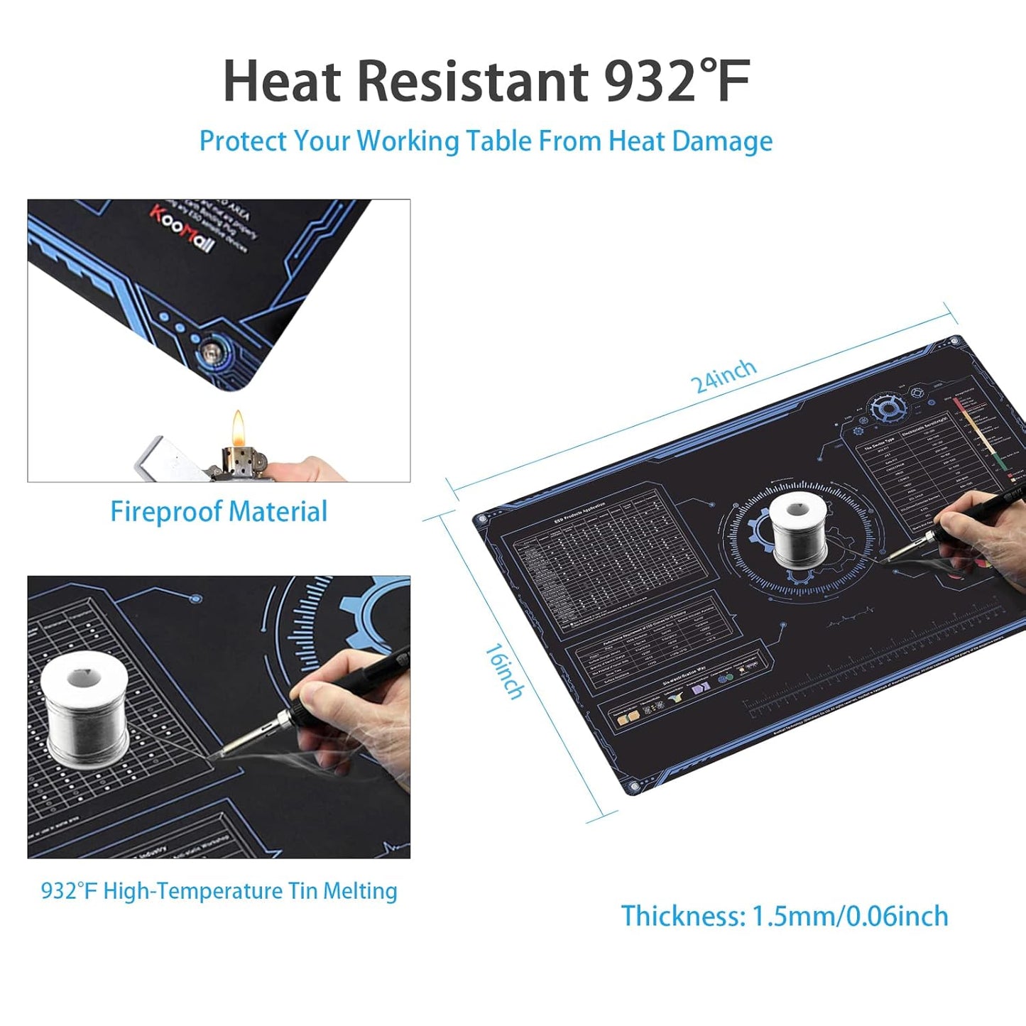 KooMall 24x16 Inch Anti Static Rubber Mat Kit for ESD Sensitive Electronic Device Repair, Soldering, PC Building, Assembly, Table Work, With Grounding Plug Cord, Antistatic Wrist Strap, Heat Resistant