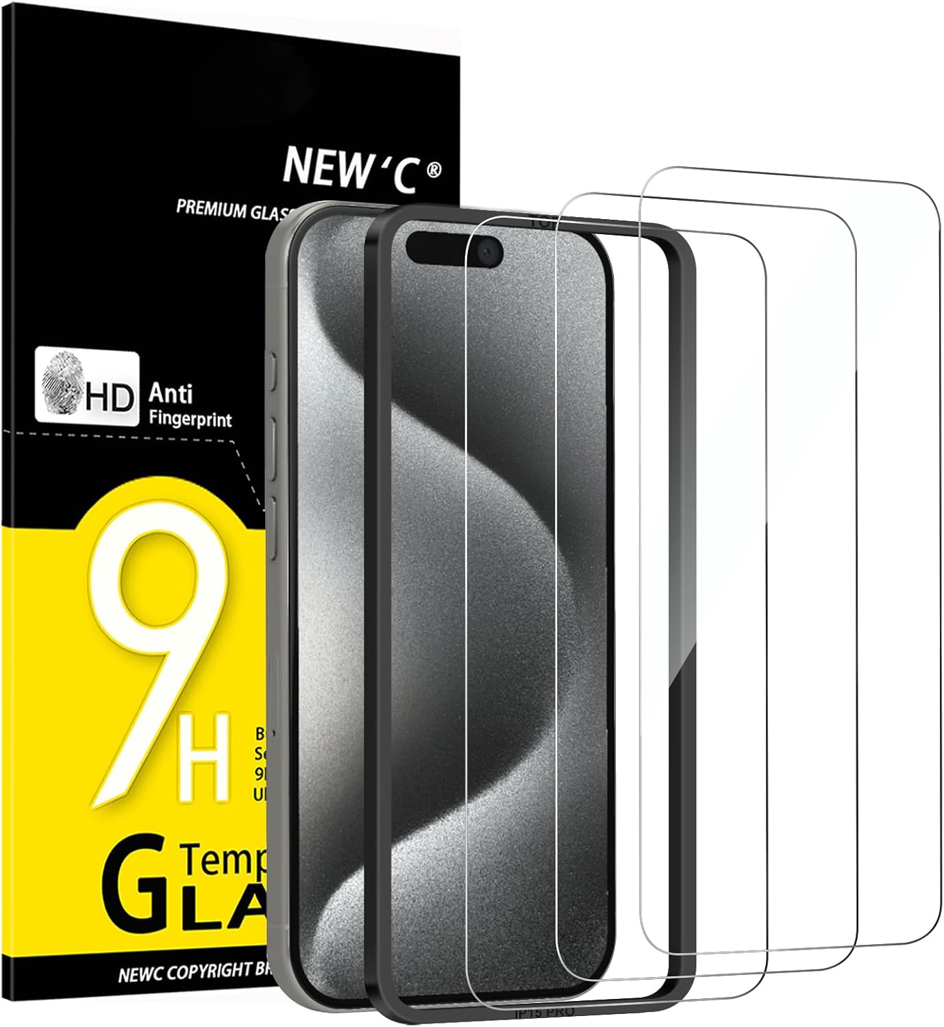NEW'C 3 Pack Designed for iPhone 15 Pro Screen Protector (6.1 inches), Enhanced Tempered Glass Protection with easy installation tool included,Case Friendly Ultra Resistant
