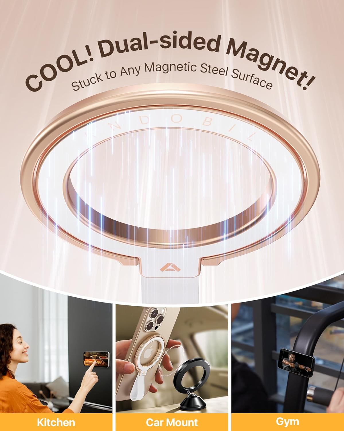 andobil [2025 Unrivaled Stability] Magnetic Phone Grip Holder for MagSafe Ring Stand Holder Kickstand Compatible with MagSafe Accessories for iPhone 16 Pro Max Plus iPhone15/14/13/12&Android,Rosegold