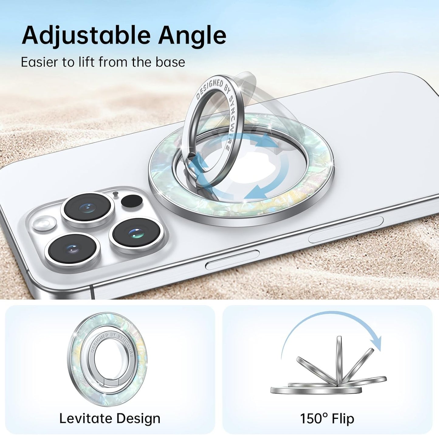 Syncwire Magnetic Phone Grip for MagSafe, Colorful Shell Magnetic Phone Ring Holder, 360° Rotation Floating Effect Cell Phone Ring Stand MagSafe Ring for iPhone 16 Pro Max 15 14 13 &All- Pearly Luster