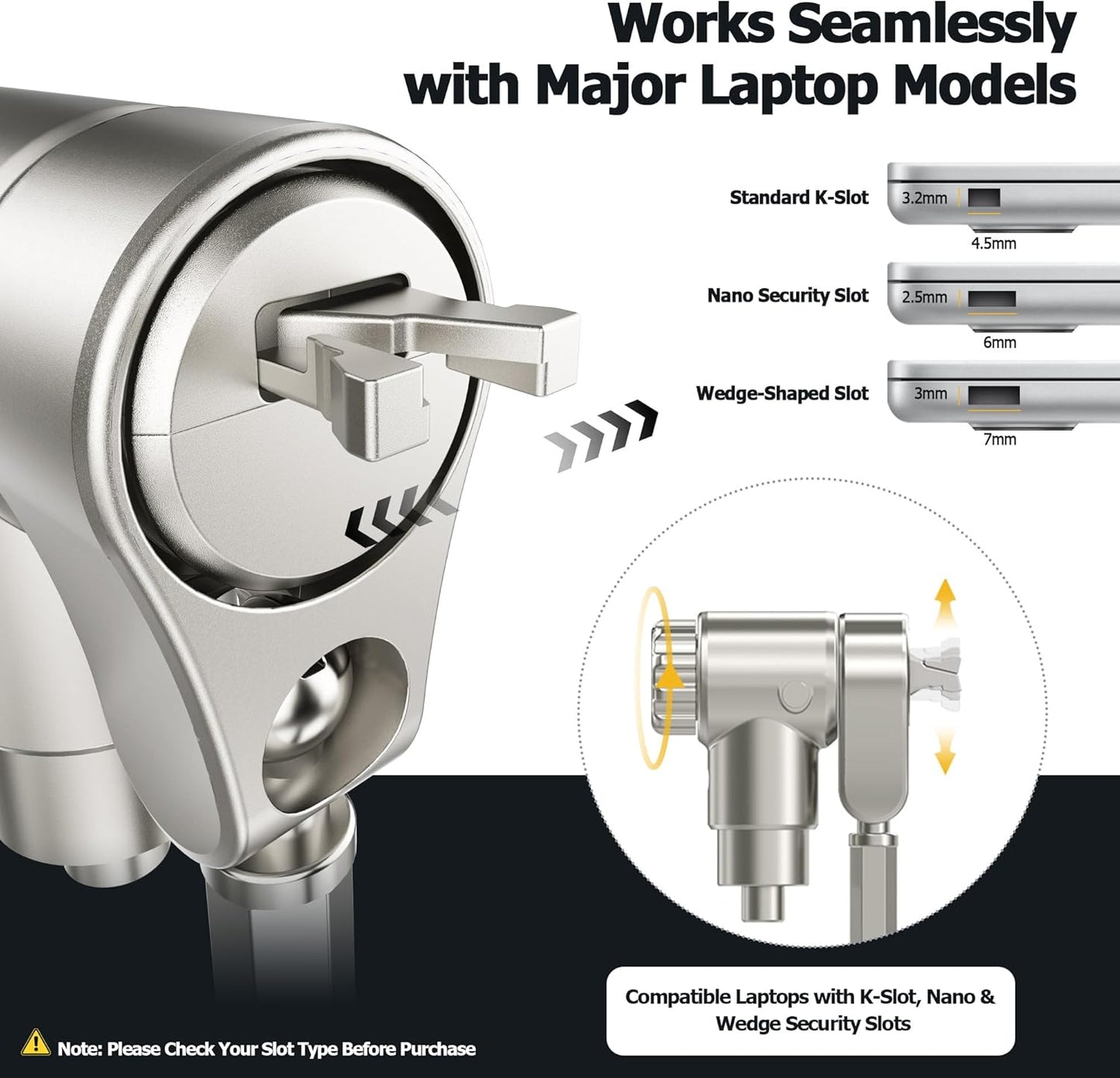 AboveTEK 3-in-1 Universal Laptop Cable Lock, Professional Laptop Security Lock with 2 Keys, Cut-Resistant Steel Locking Cable with 360° Rotating Head, Compatible with K-Slot, Nano & Wedge Slot