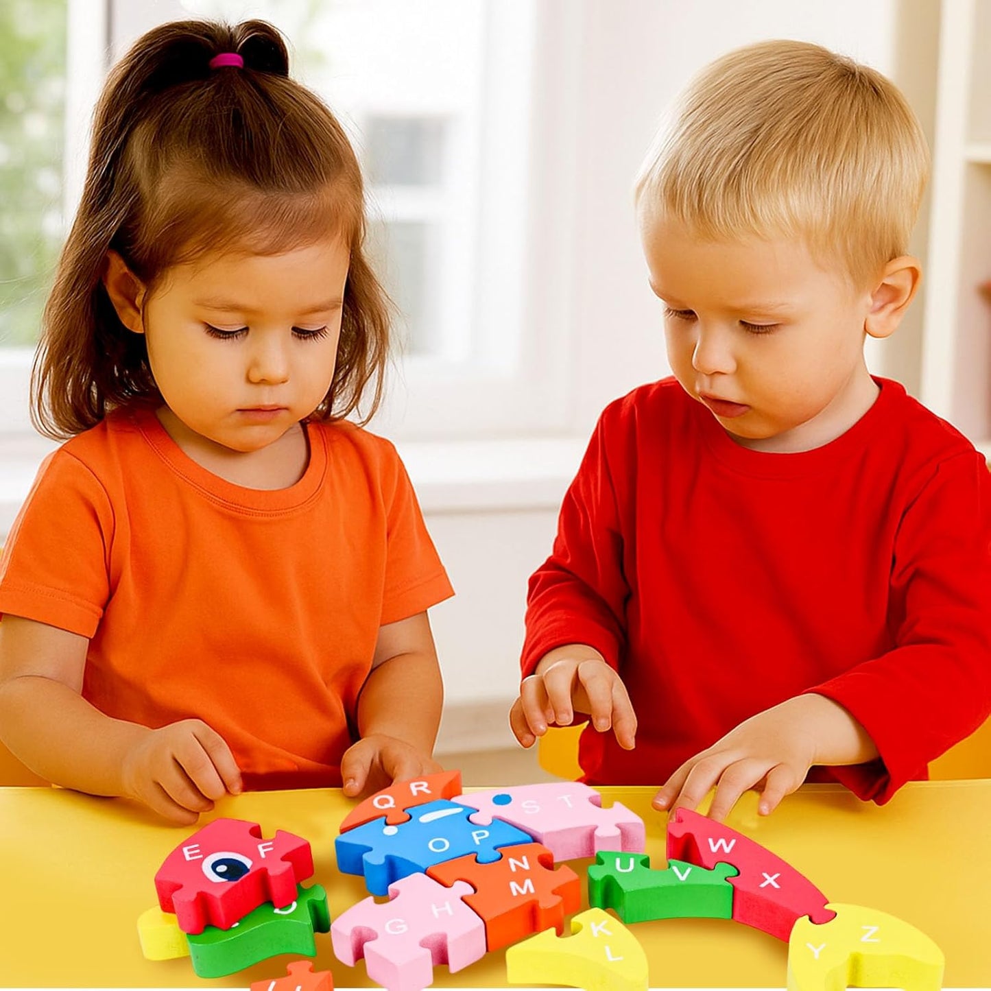 LovesTown Wooden Puzzle for Toddlers, Educational Alphabet and Number Jigsaw, Building Blocks for Preschool Learning, Dolphin Theme, 26 PCS