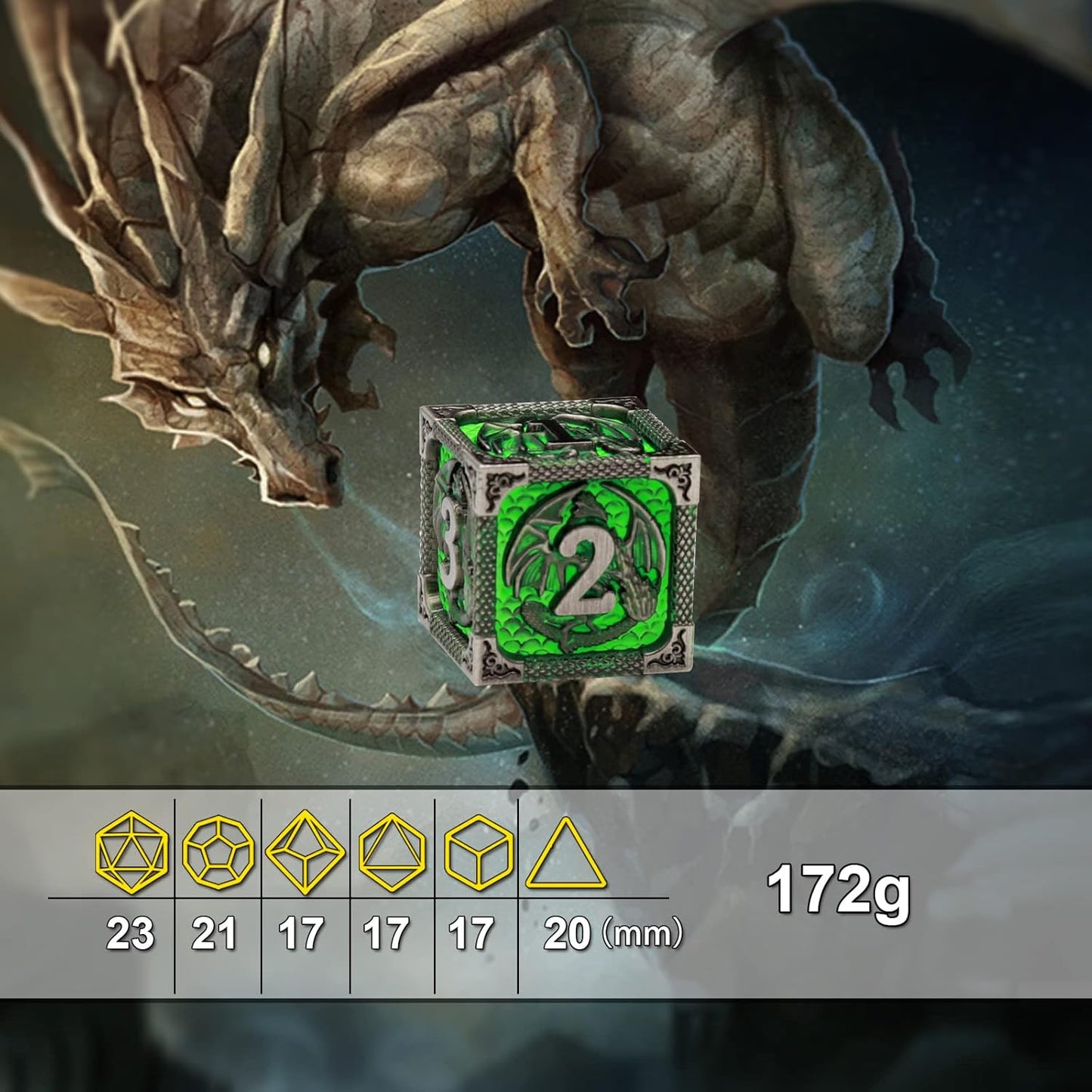 PJOY D&D Dice Set Metal DND Green Dice with Case Compatible with Dungeons and Dragons Ranger Gifts