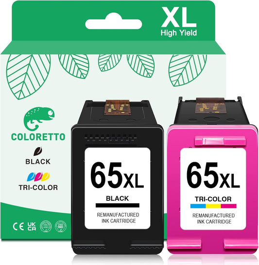 COLORETTO 65XL Black and Color Ink Cartridge for HP Printers Envy 5055 5052 5058 Work with HP Deskjet 3755 Ink Cartridges 2655 3752 3720 3722 3723 3758 2652 2622 for HP65 Ink Replacement Combo Pack