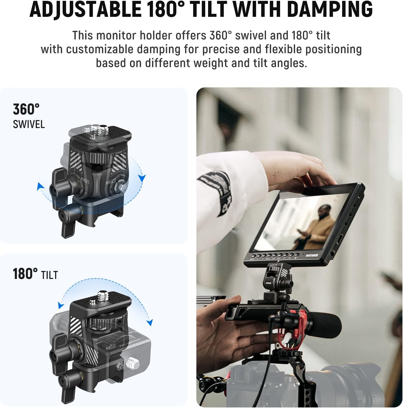 NEEWER Field Monitor Mount Monitor Holder with NATO Clamp, 360° Swivel, 180° Tilt, Anti Twist Screw Compatible with Atomos Ninja 5" & 7" Camera Monitor Compatible with SmallRig Camera Cage, MA020