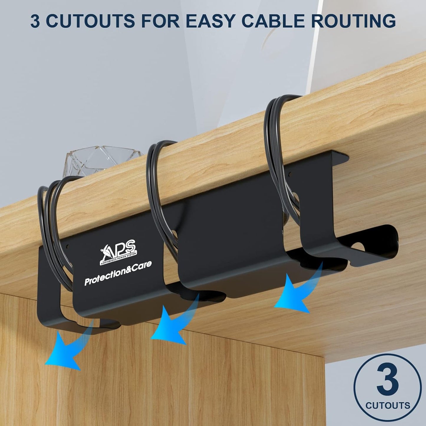 APS Under Desk Cable Management Tray, Two-Pack 16 Inch Black Metal Cord Organizer, Adhesive or Screw Mount for Glass/Marble/Office/Gaming Desk