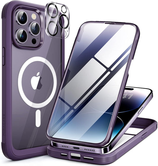 Miracase Magnetic for iPhone 14 Pro Case 6.1 inch, (Compatible with MagSafe) Upgrade Full-Body Clear Phone Bumper Case with Built-in 9H Tempered Glass Screen Protector, Magnetic Purple