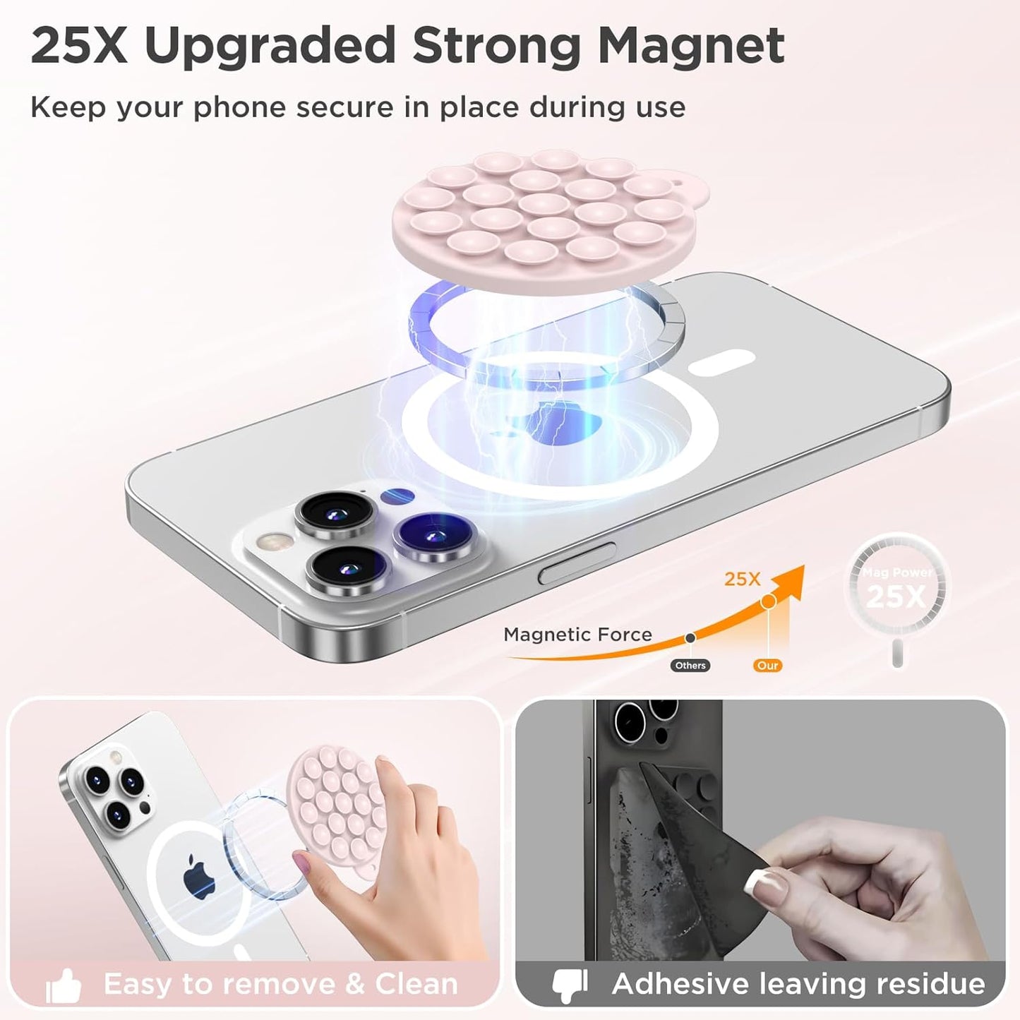Magnetic Suction Cup Mount for MagSafe Case, Silicone Hands-Free Grip Holder for iPhone and Android, Mirror Shower Phone Stand for Makeup FaceTime Gym Kitchen Bathroom, Lovely Pink