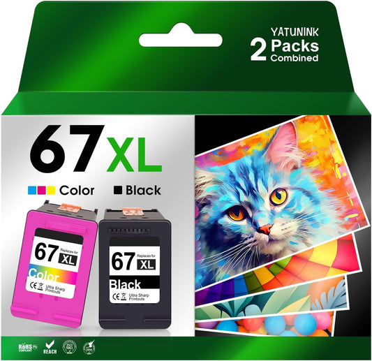 67XL 67 Ink Cartridges Black/Color Combo Pack Replacement for HP Ink 67 XL Work for DeskJet 2755e 2855e 4155e 2700 2800e 4255e 2855e 4100e Envy 6055e 6000 6555e 6455e (Black, Tri-Color)