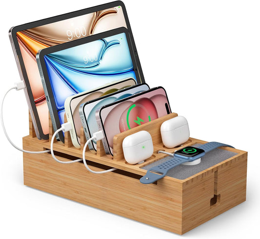 Pezin & Hulin Bamboo Charging Stand Rack, Wooden Charge Box for Mobile Phones, Tablets, Smart Watch and Earbuds, Wire Cable Organizer Box, Bedside Dock Stand Holder (NO Power Adapter Supply) -Natural