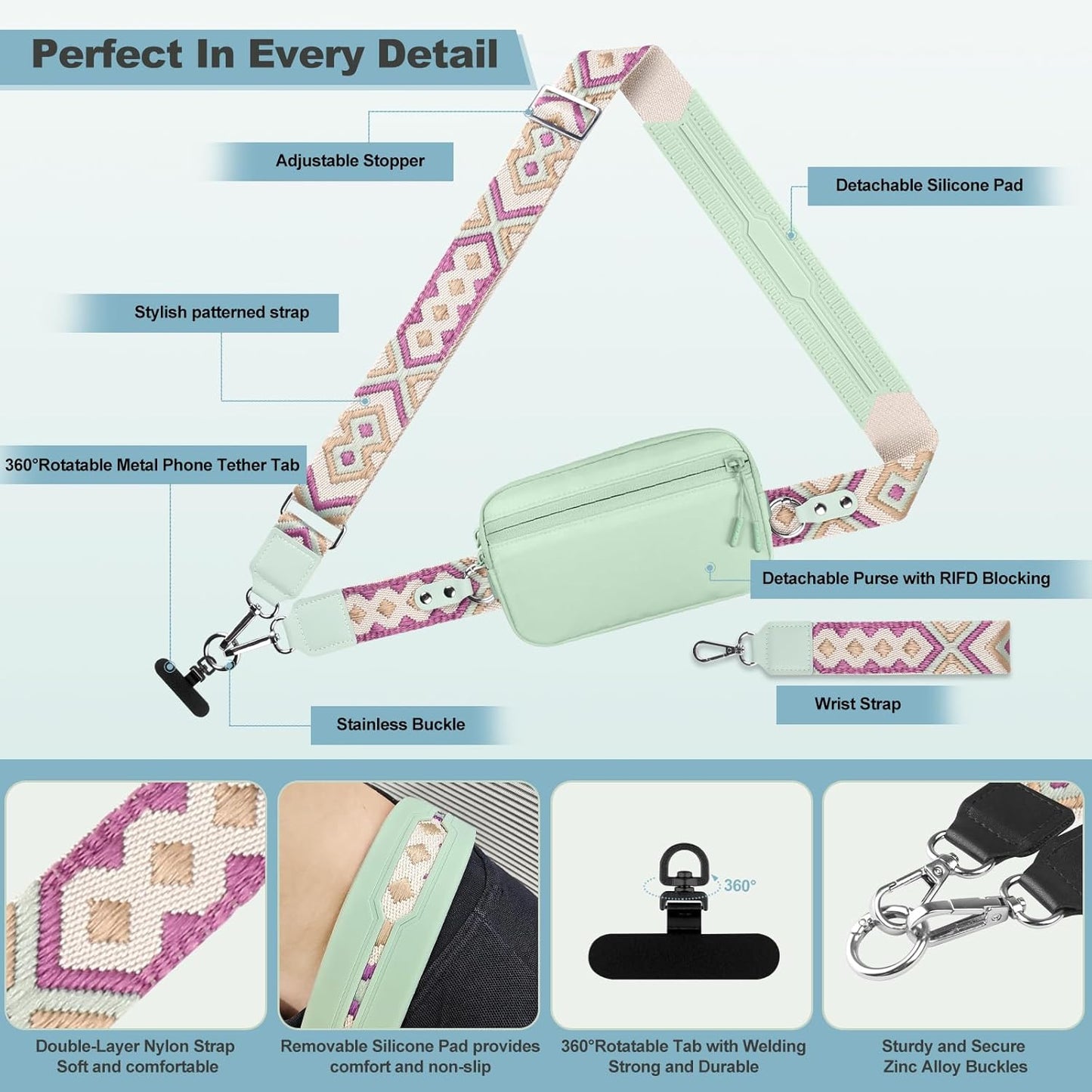 Clip and Go Strap for Phone with Wallet Crossbody, Adjustable Phone Lanyard with Detachable RFID Wristlet Wallet, Pattern Strap - Green (L)