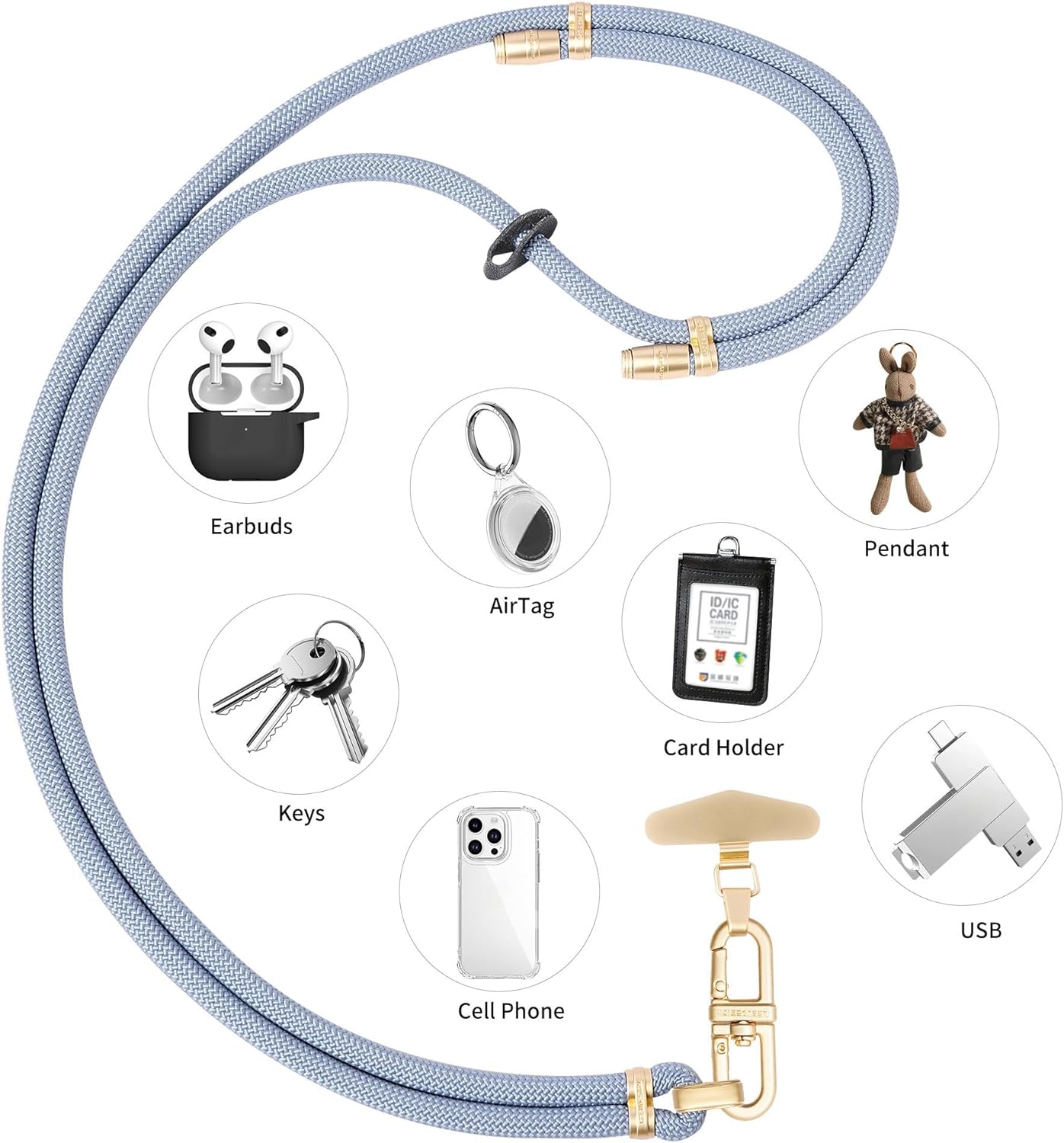 Adjustable Anti-Theft Phone Lanyard - 8mm Mountain Climbing Rope Neck & Crossbody Strap with Secure Locking Metal Clip - Rugged Outdoor Design for Smartphones (Fog Blue)