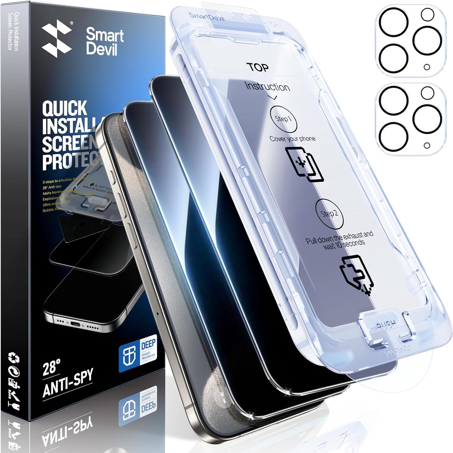 SMARTDEVIL 2+2Pack for iPhone 15 Pro Privacy Screen Protector with Camera Lens Protector,Shatterproof Tempered Glass[True 28°Anti Spy][9H Hardness][Automatic Dust-Elimination Install]